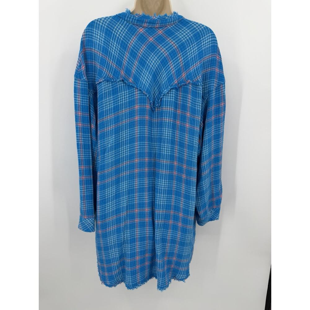 Free People Intimately Blue Plaid Long Sleeve PJ Top/Night Shirt Dress Large - Picture 7 of 12